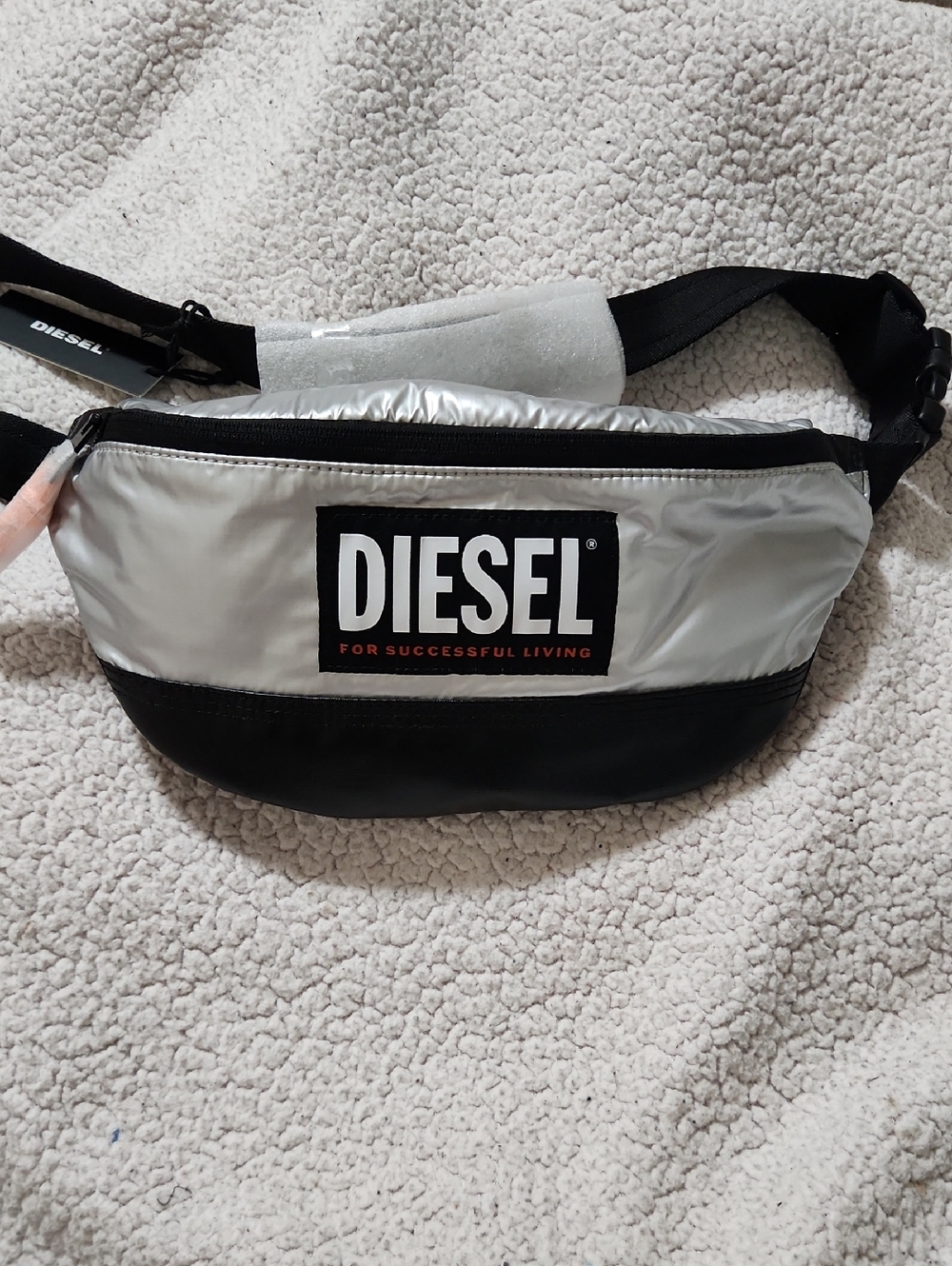 Diesel Silver and Black Belt Bag with Logo Patch